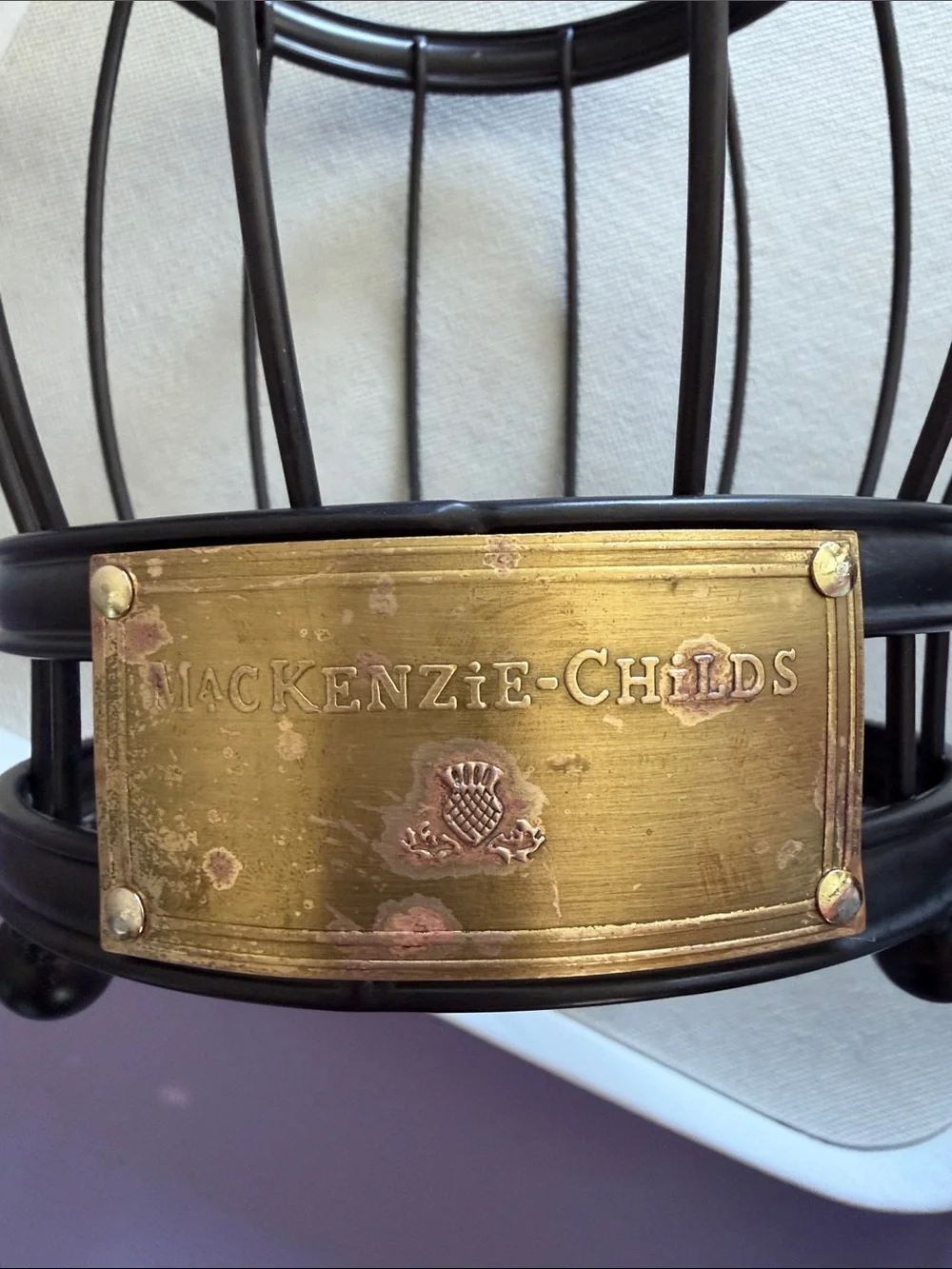 MacKenzie-Childs Black Metal utensil holder with Brass Plaque